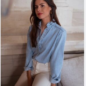 Denim chambray shirt ruffle collar 100% cotton